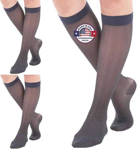 (3 Pairs - Closed Toe) Made in USA - Compression Stockings for Women 15-20mmHg - Sheer Compression Socks for Edema, Pregnancy, Diabetic, Post Surgery Recovery - Navy, Small - A101NV1-3