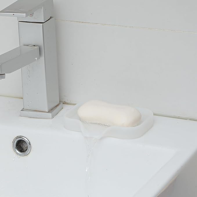 Silicone Bathroom Soap Dishes with Drain Spout-Bathroom and Kitchen Sink Organizer,Sponge Holder,Dish Soap Tray,Perfect for Dispenser,Scrubber,Bottle,Cup on Counter Translucent 4.9"×3.2"