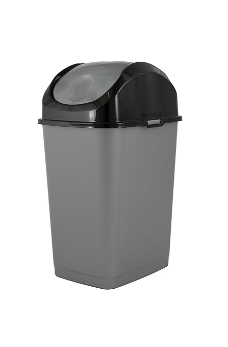 Superio Small 2.5 Gallon Plastic Trash Can with Swing Top Lid, Compact Slim Waste Bin for Under Desk, Office, Bedroom, Bathroom, Dorm Room, 10 Qt. Portable Garbage Can (Grey/Black)