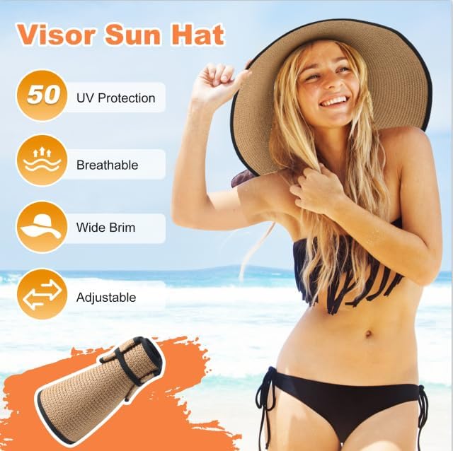 Womens Sun Visor Hat Straw Sun Visors for Women Summer Packable Ponytail Beach Hats for Women Travel