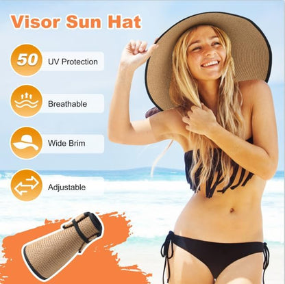 Womens Sun Visor Hat Straw Sun Visors for Women Summer Packable Ponytail Beach Hats for Women Travel