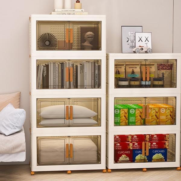 Plastic Stackable Storage Bins with Lids and Wheels, Foldable Closet Organizers and Storage Containers for Bathroom, Collapsible Clear Drawer Storage Cabinet with Doors White 11.4Gal 4Tiers