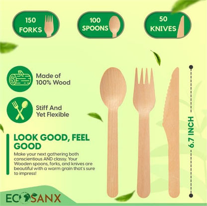 ECOSANX® 300 PCs Disposable Wooden Cutlery set 6.5" Splinter Free Compostable - Image 2