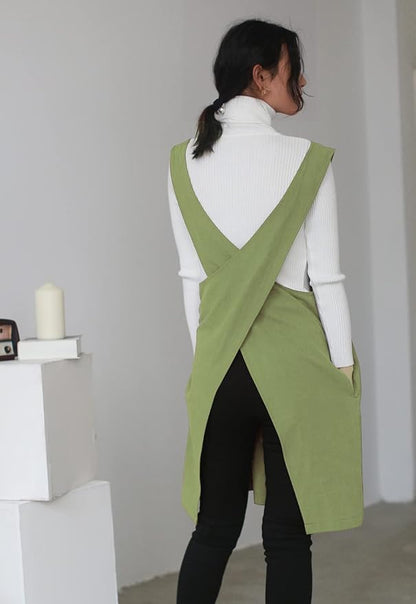 Cotton Linen Japanese Apron Halter Cross Back Bandage X Shape Aprons Two Pockets - Image 3