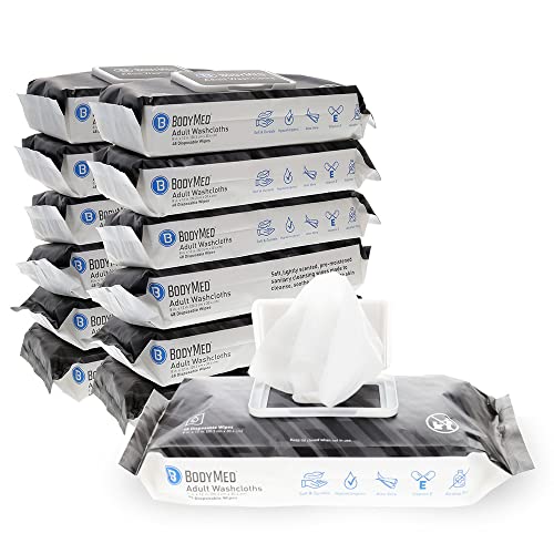 BodyMed Adult Disposable Incontinence Wipes, 48 Wipes/Pack (12-Pack) - Pre-Moistened & Hypoallergenic Washcloths Formulated with Vitamin E & Aloe Vera