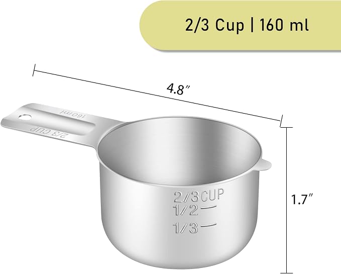 2PCS 2/3Cup Single Measuring Cup, Stainless Steel Measure Scoop, Metric and US - Image 2