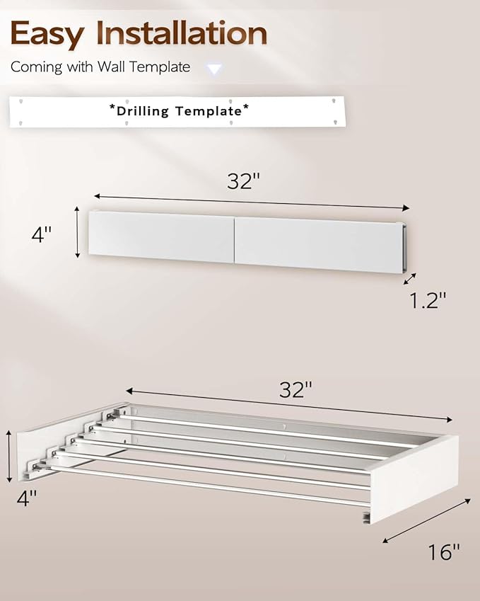Foldable Wall Mounted Clothes Drying Rack - 32", Collapsible Laundry Drying Rack for Clothing & Towels - Includes Wall Template