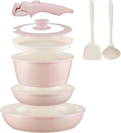 Ceramic Cookware Set Non Stick 8Pcs Pots and Pans Set Removable Handle by COICUR