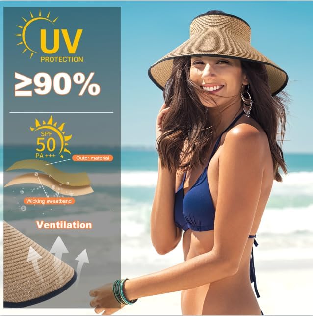 Womens Sun Visor Hat Straw Sun Visors for Women Summer Packable Ponytail Beach Hats for Women Travel