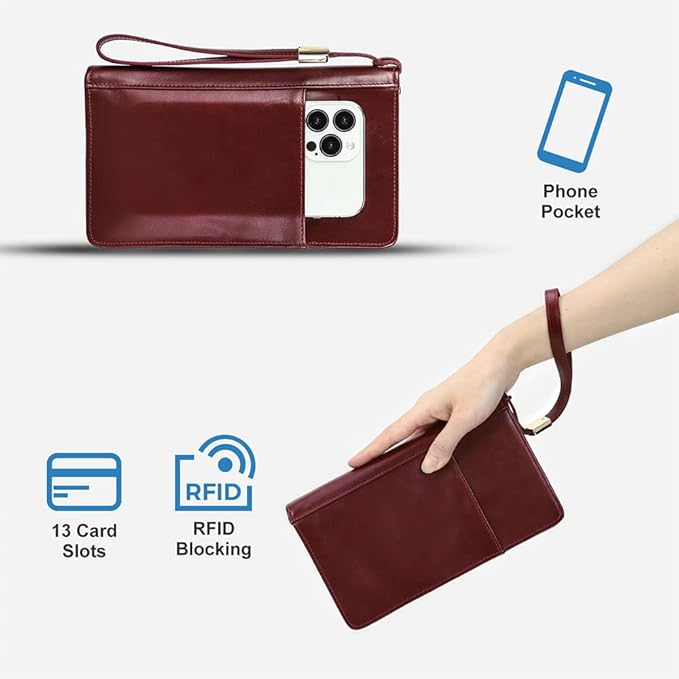CONTACTS Travel Passport Wallet for 4 Women Leather Passport Holder RFID Blocking Card Organizer Large Capacity Wristlet Clutch Purse Red with 13 Card Slot