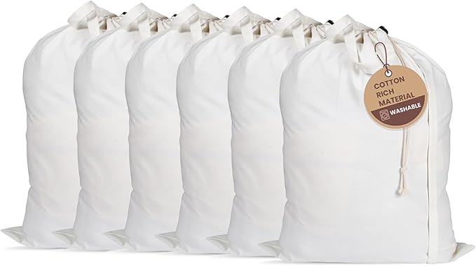 LFH Home Cotton Canvas Large Laundry Bag with Handle, Heavy Duty Drawstring Closure Washable Laundry Bags, School Travel, Home, Hotel, College Dorm, Organizer Sack, Toy Clothes 28x36 (Pack of 6)-White