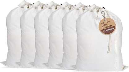LFH Home Cotton Canvas Large Laundry Bag with Handle, Heavy Duty Drawstring Closure Washable Laundry Bags, School Travel, Home, Hotel, College Dorm, Organizer Sack, Toy Clothes 28x36 (Pack of 6)-White