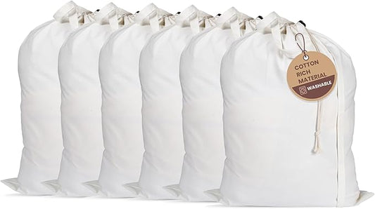 LFH Home Cotton Canvas Large Laundry Bag with Handle, Heavy Duty Drawstring Closure Washable Laundry Bags, School Travel, Home, Hotel, College Dorm, Organizer Sack, Toy Clothes 28x36 (Pack of 6)-White