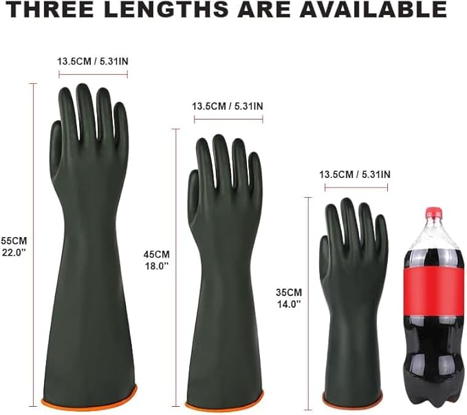 Heavy-Duty Latex Chemical Resistant Gloves - Reusable Long Rubber Dishwashing Gloves with Forearm Protection for Men - Waterproof, Industrial Safety Gear, Acid & Alkali Resistant, Oil-Proof,14“，2 Pair