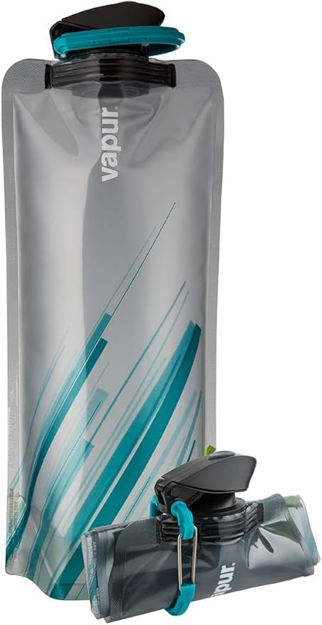 Vapur Collapsible Water Bottle With Carabiner, Compact Bottle Folds Flat For Hydration On The Go, Ideal for Traveling, Hiking or Camping, 34 Ounce, Grey & Teal, Pack of 1