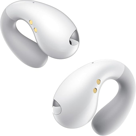 Open Ear Earbuds Wireless Bluetooth 5.3 Earphones, Flexible Clip On Ear buds with 36H Playtime LED Display Bone Conduction Headphones, Waterproof Light Weight Fit for Every Ear, Sport Elegant White