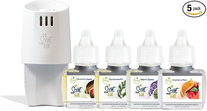 Scent Fill Holiday Kit (Cinnamon Apple, Sycamore Fir, Warm Spice, and Cranberry Plum), 4 Refills + Diffuser