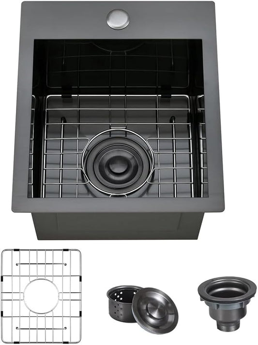 ARTLINE 15 x 17 Inch Black Drop in Bar Sink, Stainless Steel Single Bowl Kitchen Sink, Small Topmount 9 Inch Deep Wet Bar sink for Outdoor Prep RV Yard Laundry Utility with Dish Grid & Drain