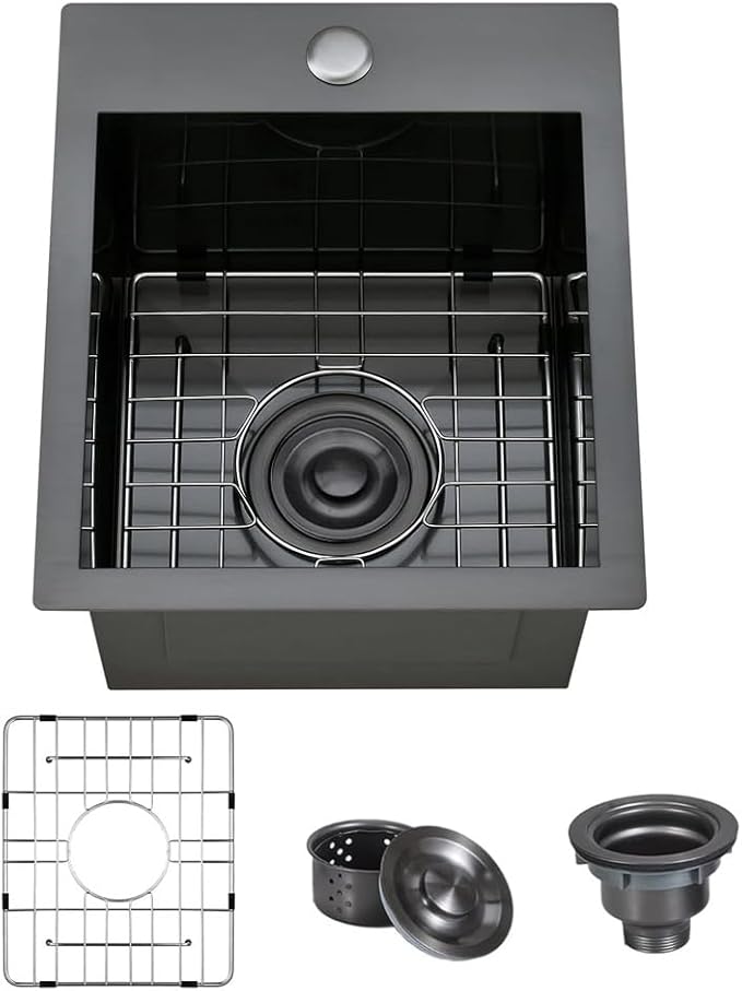 ARTLINE 13 x 15 Inch Black Drop in Bar Sink, Stainless Steel Single Bowl Kitchen Sink, Small Topmount 9 Inch Deep Wet Bar sink for Outdoor Prep RV Yard Laundry Utility with Dish Grid & Drain