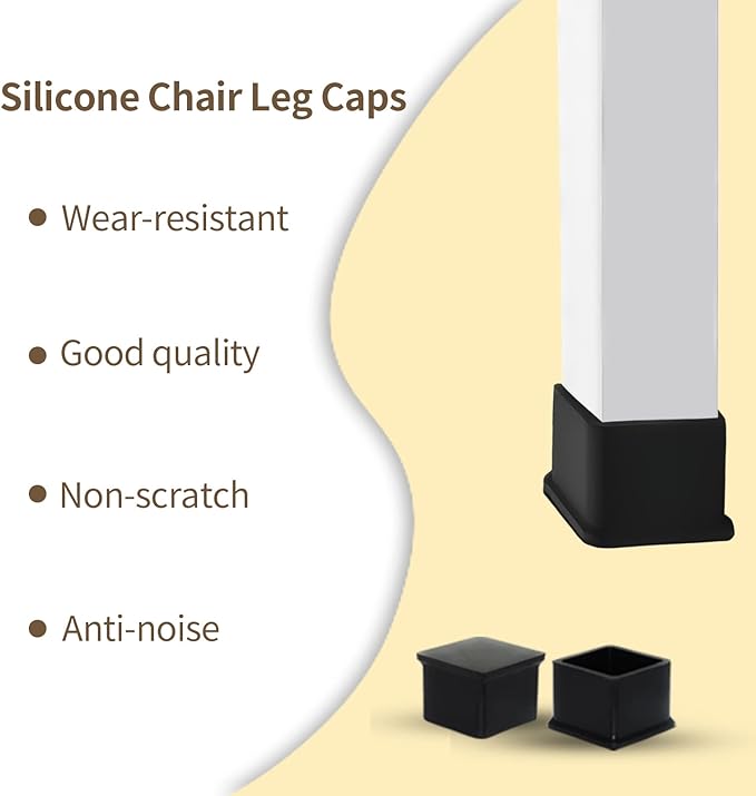 Flyshop Durable Non-Marking Silicone Chair Leg Caps Tips Floor Protectors Square Furniture Table Leg Covers, 20pcs, Black, 50 mm x 50 mm, 2" x 2"