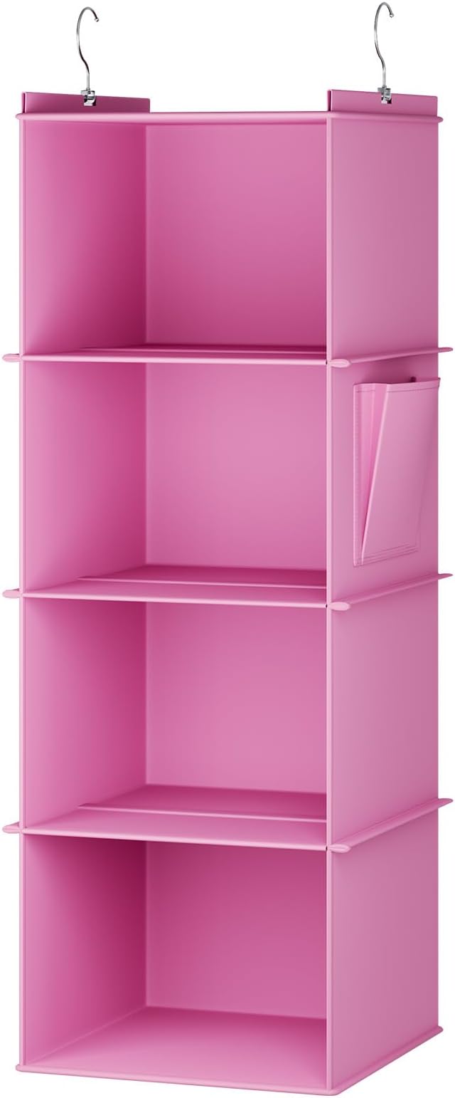 YOUDENOVA Hanging Closet Organizer, 4-Shelf Closet Hanging Storage Shelves, Light Pink