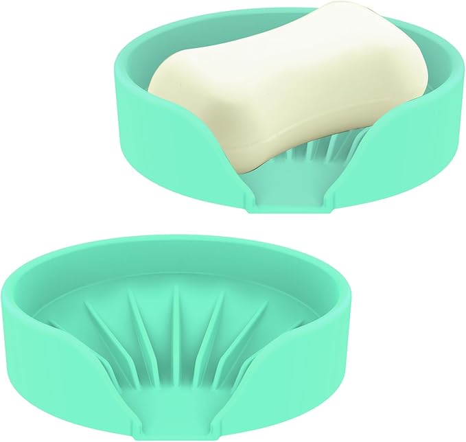 Self Draining Soap Dish, Silicone Suction Cup Soap Holder Tray Savers Container Sponge Holder for Bar Bathroom Shower Kitchen Sink, Can Extend Soap Life (2, Cyan)