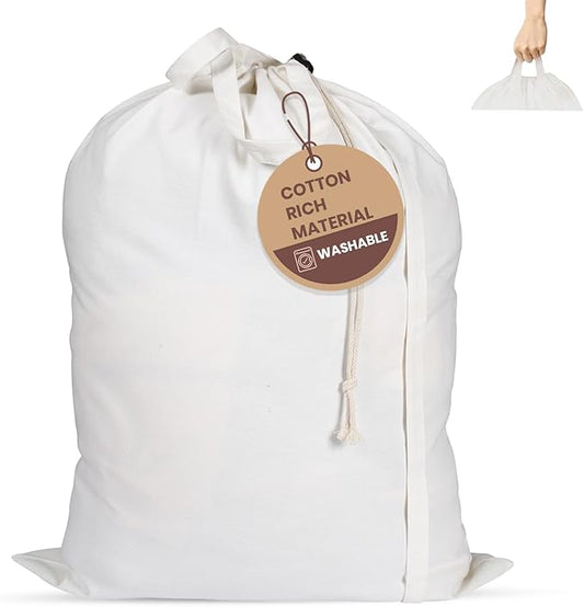 LFH Home Cotton Canvas Extra Large Laundry Bag with Handle, Heavy Duty Drawstring Closure Washable Laundry Bags School Travel, Home, Hotel, College Dorm, Organizer Sack, Toys Clothes 28x40-White