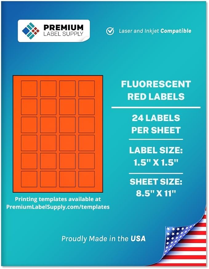 Premium Label Supply Bright Neon Color Fluorescent Sticker Labels - 1.5" x 1.5" Square Labels - (Fluorescent Red, 12,000 Labels)