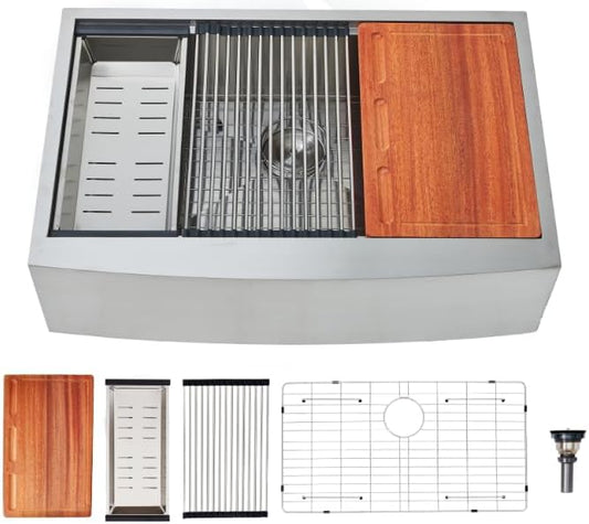 Farmhouse Sink 33 Inch, 33x22 Inch Apron Front Farmhouse Kitchen Sink, 16 Gauge Stainless Steel Undermount Ledge Workstation Deep Single Bowl Luxury Rustic Farm Sinks with All Accessories