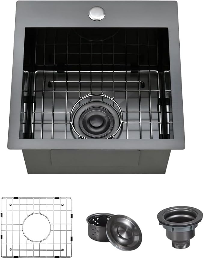 ARTLINE 15 x 15 Inch Black Drop in Bar Sink, Stainless Steel Single Bowl Kitchen Sink, Small Topmount 9 Inch Deep Wet Bar sink for Outdoor Prep RV Yard Laundry Utility with Dish Grid & Drain