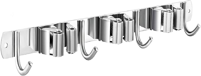 Mop and Broom Hanger Wall Mount, stainless steel Broom Hook Organizer Wall Mounted, Heavy Duty Mop Holder Storage Rack - 3 Racks 4 Hooks for hanging brooms and mops