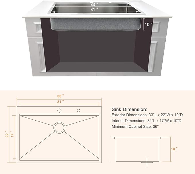 33x22 Drop In Kitchen Sink Workstation-Bokaiya Stainless Steel Kitchen Sink 33x22 Top Mount Drop In Workstation 16 Gauge 10" Handmade Deep Single Bowl Kitchen Sinks with Cutting Board