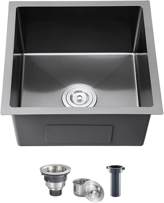 Black 18 inch Undermount Kitchen Sink - TSIBOMU 18 Gauge Stainless Steel 9" Deep Single Bowl Basin Undermount Kitchen Bar Sink, D18"xW18"xH9"