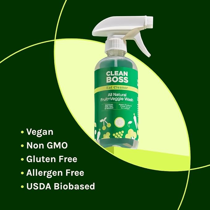 CleanBoss Eat Cleaner Triple-Action Fruit + Veggie Wash - 12 oz, Pack of 3 - Removes Harmful Residue - Keeps Produce Fresh Up to 5X Longer - Includes One Trigger - Vegan, Gluten Free - Improved Nozzle