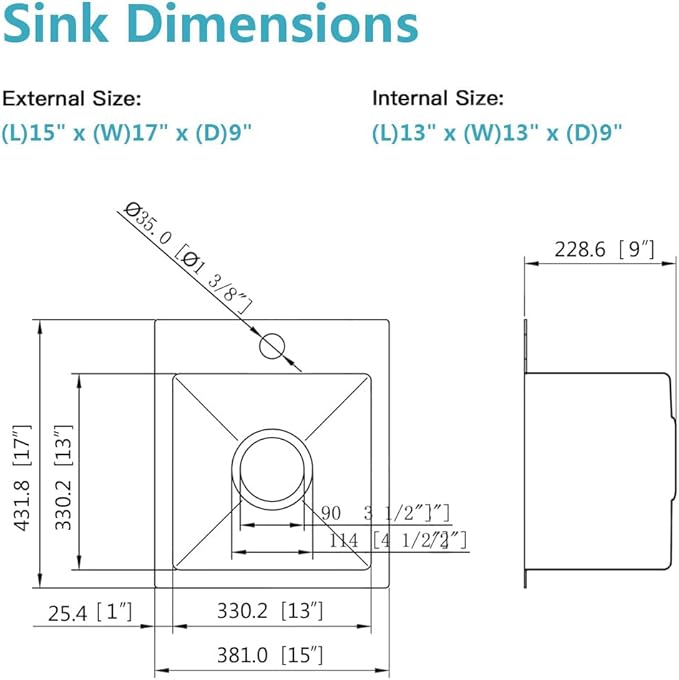 ARTLINE 15 x 17 Inch Black Drop in Bar Sink, Stainless Steel Single Bowl Kitchen Sink, Small Topmount 9 Inch Deep Wet Bar sink for Outdoor Prep RV Yard Laundry Utility with Dish Grid & Drain