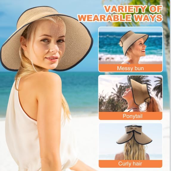 Womens Sun Visor Hat Straw Sun Visors for Women Summer Packable Ponytail Beach Hats for Women Travel