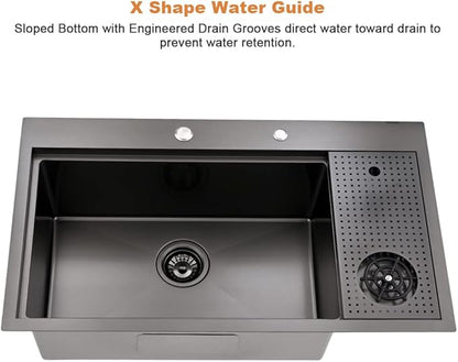 33 Inch Black Drop In Kitchen Sink with Glass Rinser-Bokaiya 33x19 Drop In Sink Stainless Steel Ledge Workstation 16 Gauge Single Bowl Deep Kitchen Sinks with Cup Washer