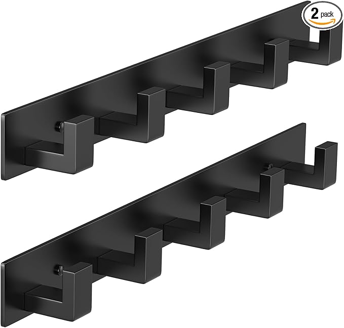 PMMASTO Coat Rack Wall Mount, Coat Hooks Wall Hooks for Hanging, Stainless Steel Coat Hanger Towel Hooks for Bathrooms, Hat Rack (Black 5 Hooks, 2 Pack)