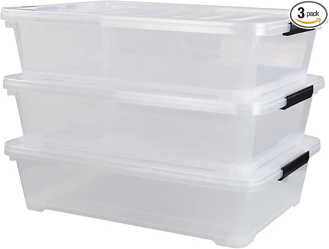 3-Pack Plastic Under Bed Storage Box Container, 40 Quart Clear Stackable Storage Box Wheeled Latching Box