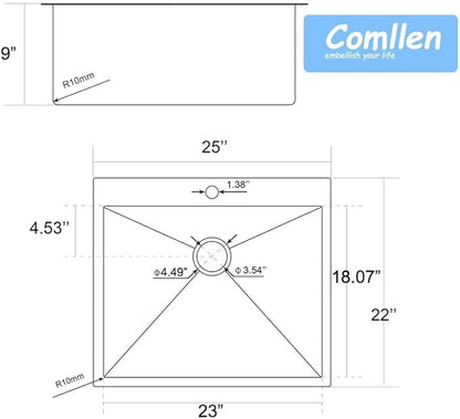 Comllen 25 x 22 Inch Drop In Black Kitchen Sink,Topmount 16 Gauge Stainless Steel Black Kitchen Sinks, 9 Inch Deep Utility RV Sink with Dish Grid and Basket Strainer