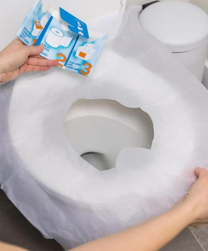 The Restroom Kit Great for travel (12-Pack) Portable Disposable Oversized Toilet Seat Cover, 3ft 3Ply Toilet Paper, Hand & Flushable Tush Wipe.