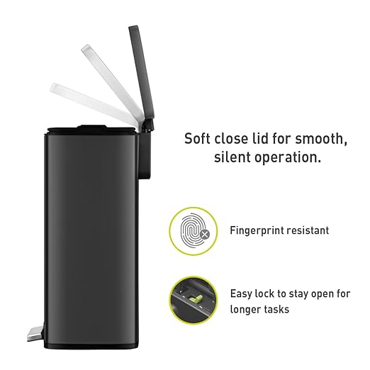 EKO Madison Matte Black 50 Liter/13.2 Gallon Step Trash Can with Inner Liner - Fingerprint Resistant Finish