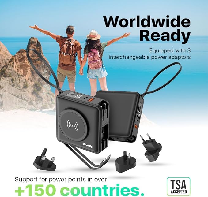 PWR Travel PRO 5-in-1 Power Bank with Case Included– 10,000mAh with Built-in Cables – 20W USB-C + 15W Wireless Charging – Compact Portable Charger for iPhone & Android- Black