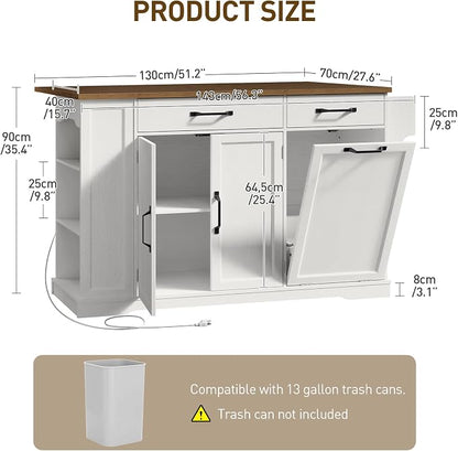 Kitchen Island with Power Outlet & Drop Leaf, Rolling Storage Cart with Trash - Image 2