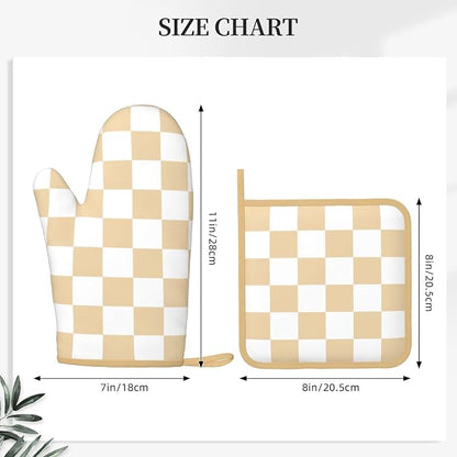 Checkered Beige Silicone Oven Mitts Pan Mats Set of 2, Heat Resistant Gloves - Image 3