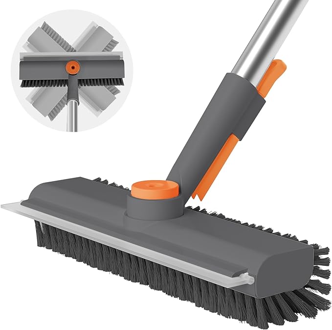 Floor Scrub Brush with Long Handle, 3 in 1 Scrape and Heavy-Duty Stiff Bristle Scrubber Brush for Cleaning Shower Bathroom, Patio, Garage, Kitchen, Wall and Deck (Gray, 1 Pack)
