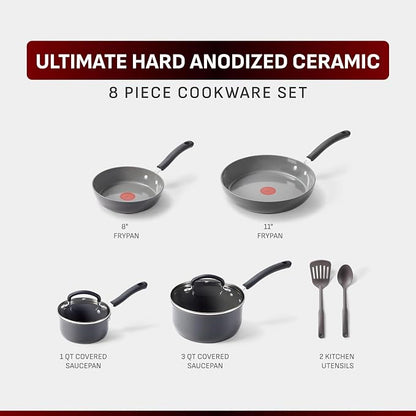 T-Fal Ultimate Hard Anodized Ceramic Nonstick 8 Piece Cookware Set, Oven Safe - Image 2