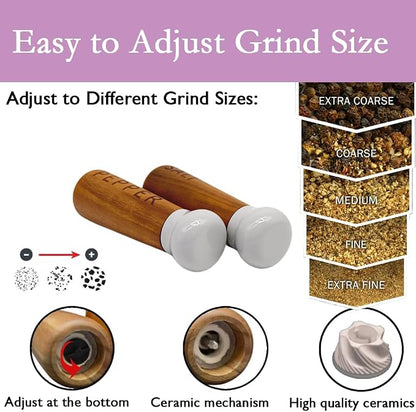 Tessie & Jessie Wooden Salt and Pepper Grinder Set, Premium Acacia Wood - Image 2