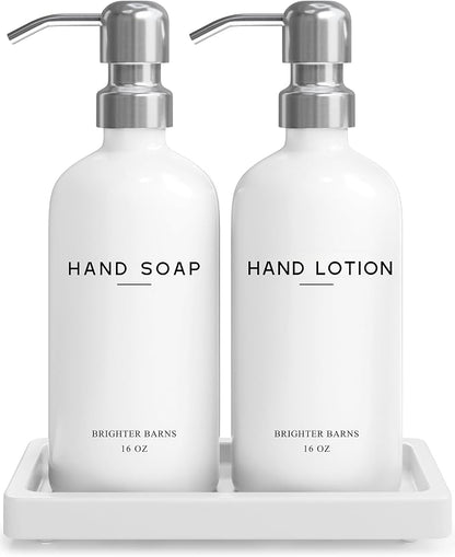 White Glass Soap and Lotion Dispenser Set by Brighter Barns by BrighterBarns