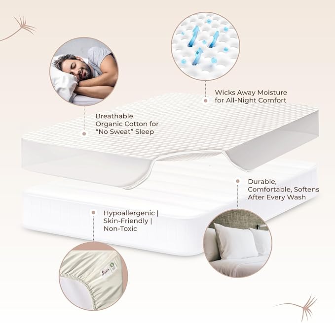 100% Cotton Organic Mattress Pad - Breathable & Cooling Mattress Protector King Size - Premium 300GSM Quilted and Noiseless Machine Washable Organic Mattress Protector (Ivory, King)